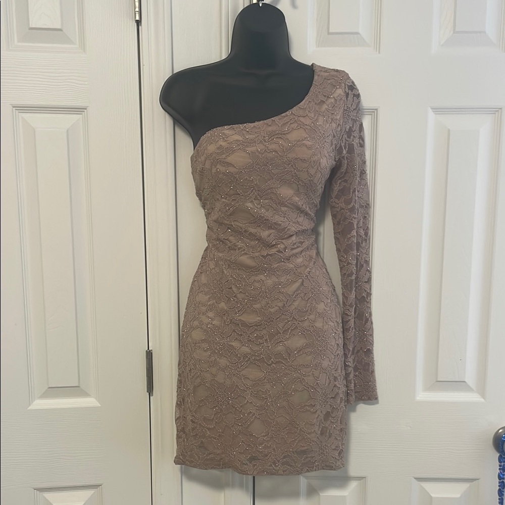 Elegant One-Shoulder Lace Dress in Tan